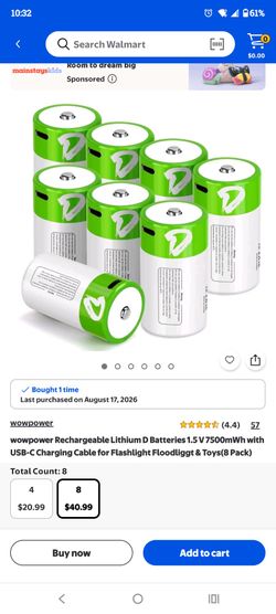 Rechargeable Lithium D Batteries 1.5 V 7500mWh with USB-C Charging Cable for Flashlight Floodliggt & Toys(8 Pack
