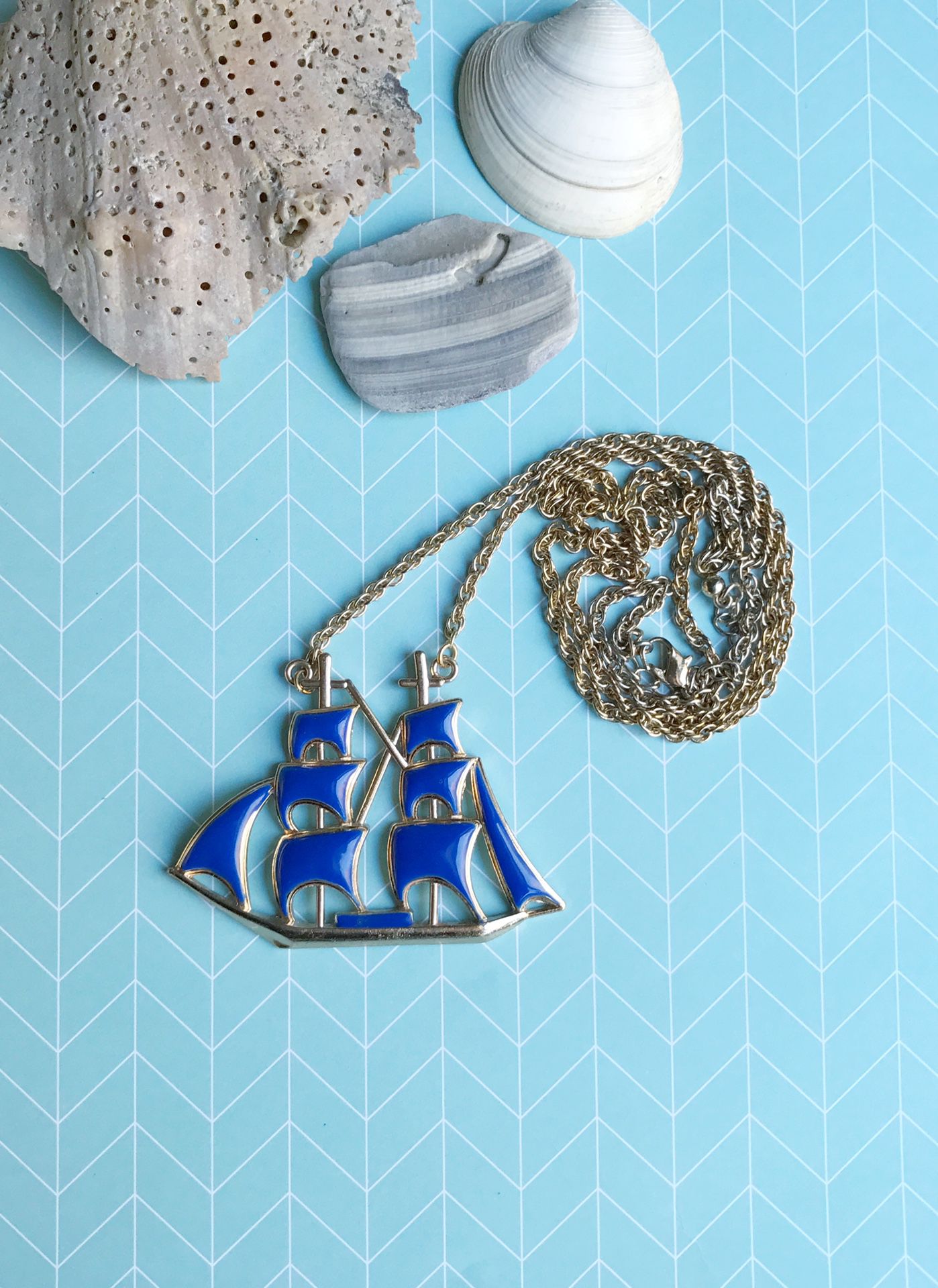 Nautical Blue Sailboat Long Chain Necklace