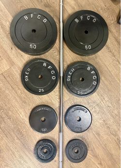 BRAND NEW:  7 ft Standard Bar With VINTAGE Cast Iron Weight Plates: 50s,25s, 10s,  And 5s. (Total: 205 lbs)