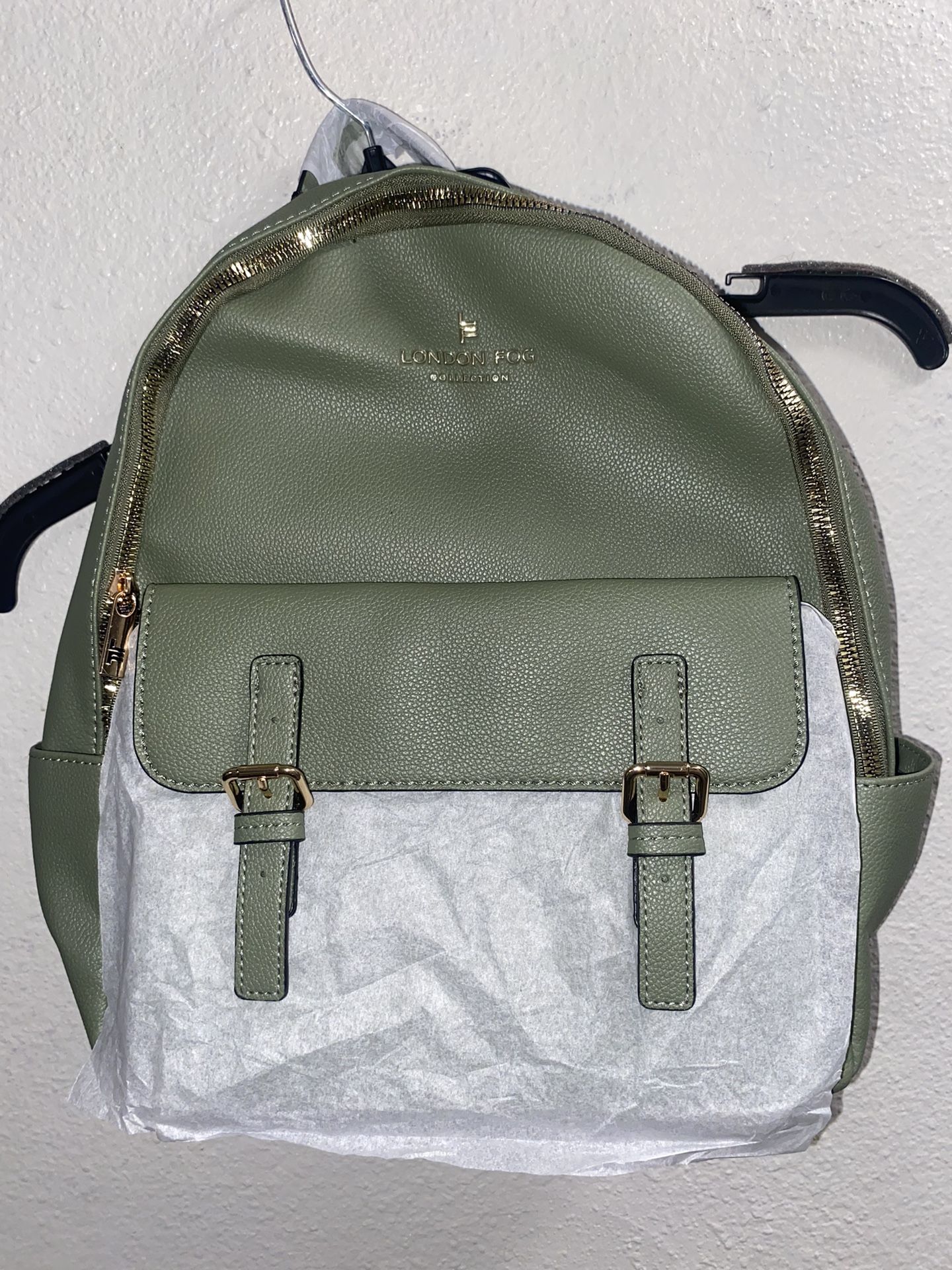 Olive Green London Fog Stella Pebble 100th anniversary Backpack NWT W/ Phone Bag