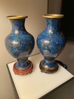 Vintage Chinese Cloisonne Vases With Wooden Stand