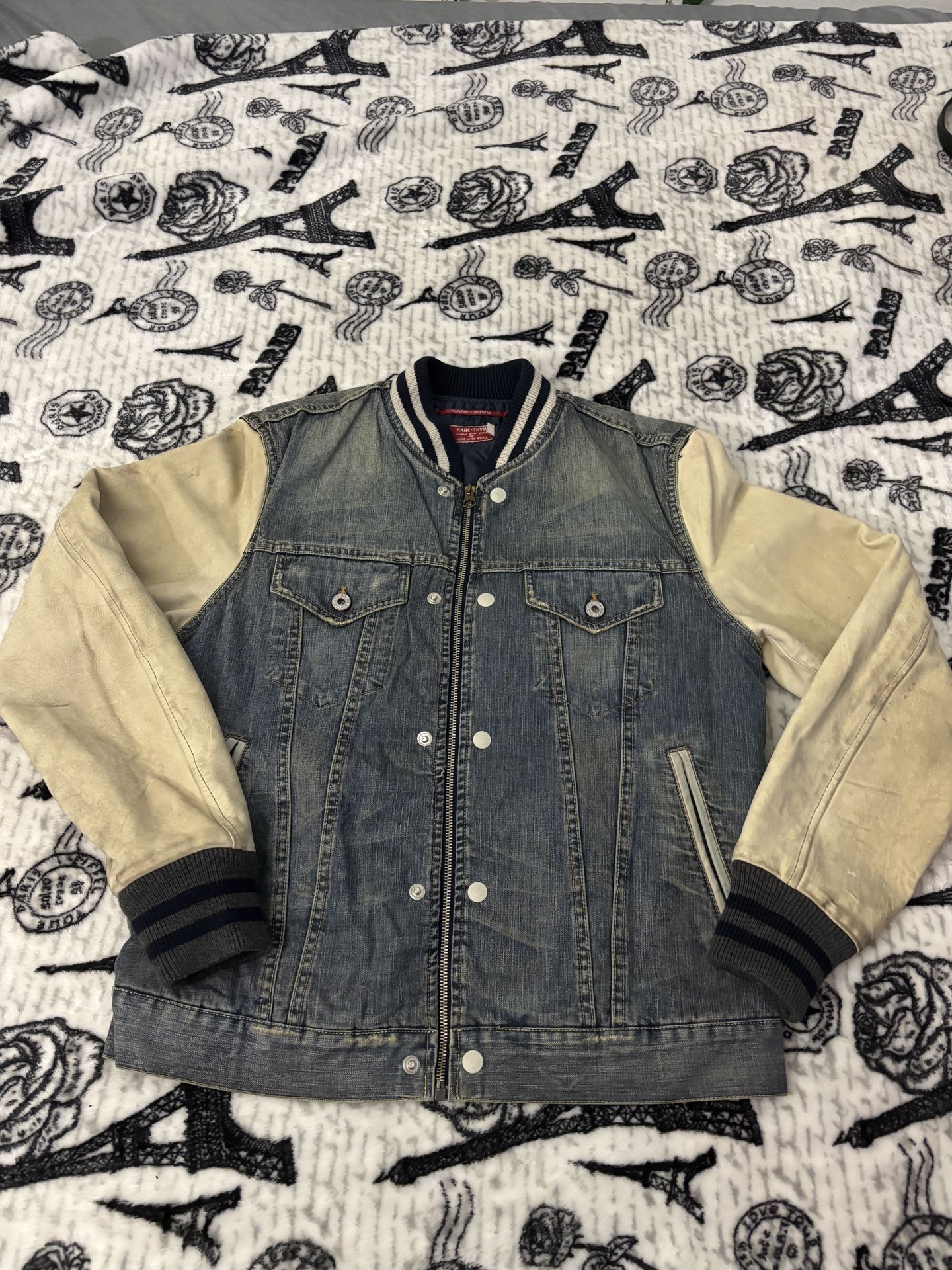 Vintage Denim Jacket With Lining and Leather Sleeves Size L