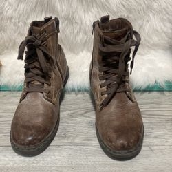 STEVE MADDEN, MEN 7 BOOSTER, TAN LEATHER BOOTS, LACE-UP & ZIP, BUCKLE