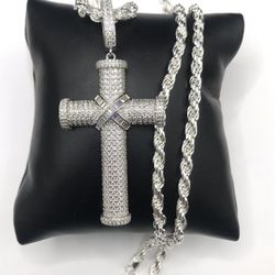 925 Sterling Silver 4.75CT MOISSANITE Cross Pendant Rope Chain men’s Necklace 