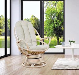 Lanai Rattan Swivel Rocker Chair in Linen Fabric with White Wash Frame