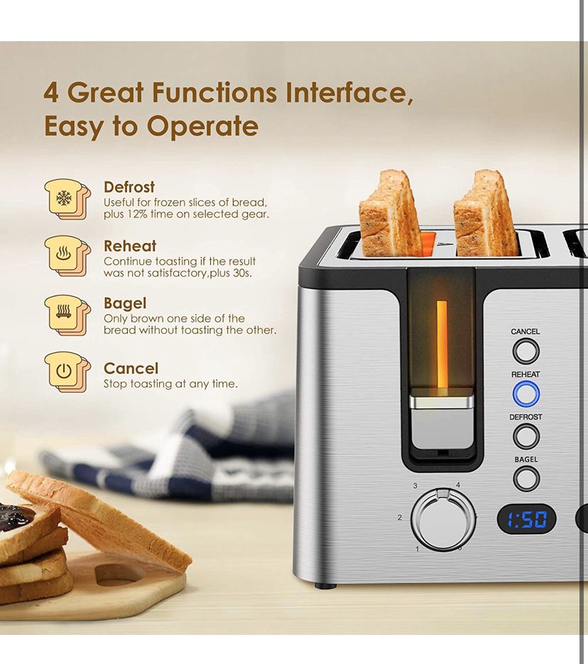 Hosome 4 Slice Toaster,Stainless Steel Bread Bagel Toaster with Warming Rack, 6 Shade Settings, Led Display, Extra Wide Slots, Removable Crumb Tray,B