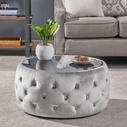 30” Gray Velvet Ottoman/ Coffee Table with Button-Tufted Diamond Stitch Design and Tempered Glass Top  [NEW] **Assembly Req** 
