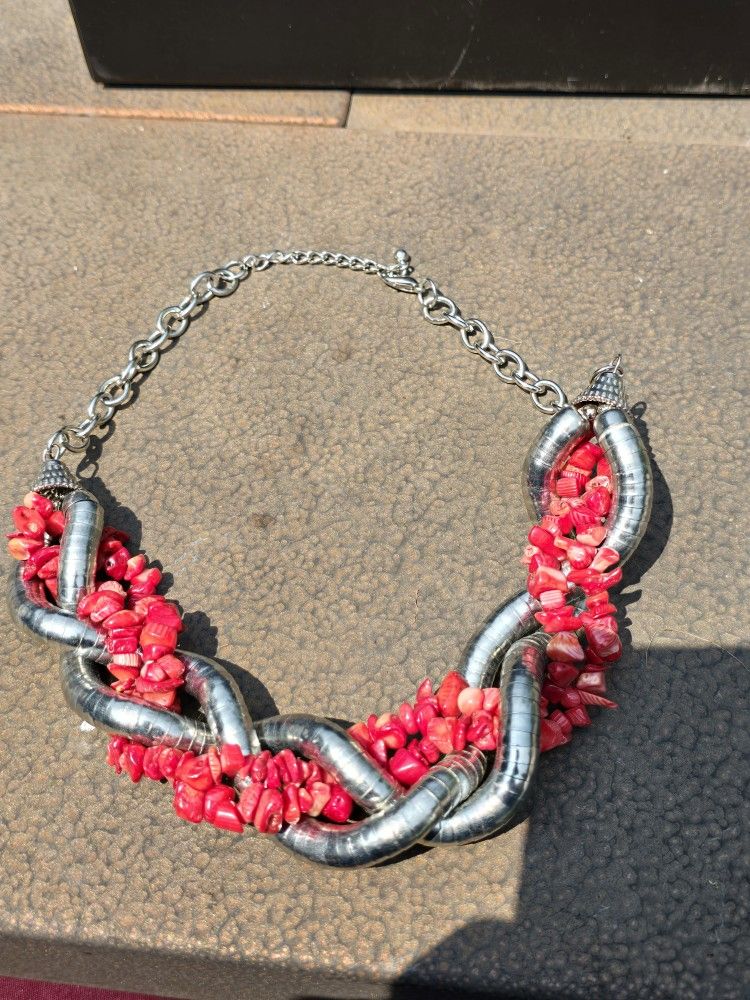 Vintage Metal Necklace With Red Coral Like Stones