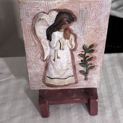 Red Pottery Tiles W/stands Angels Set Of 2
