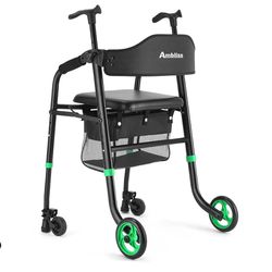 Ambliss Lightweight 2 Wheel Walker with Seat for Seniors, Foldable Front Wheeled Rollator Walker with Wheels Self Stretching Glide, Height Adjustable 