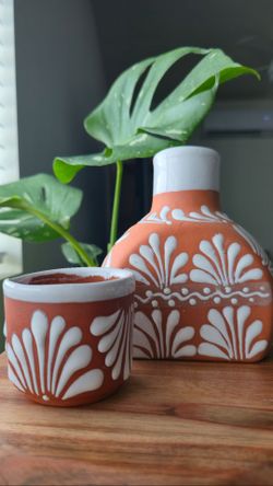 Talavera Style Carafe in Terracota & White, Handcrafted, Made In Mexico Pottery