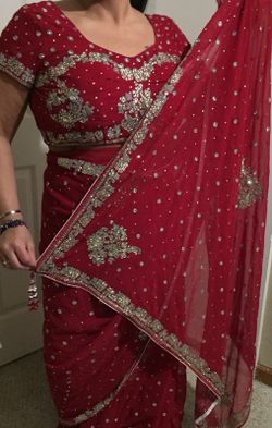 Indian Sari Red&Silver rhinestone $150. OBO