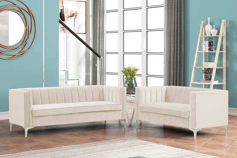 Modern 2 Pieces of Loveseat and Sofa Couch Set with Dutch Velvet Grey, Iron Legs
