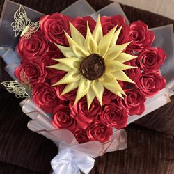 Bouquet Of Eternal Roses With Sunflower