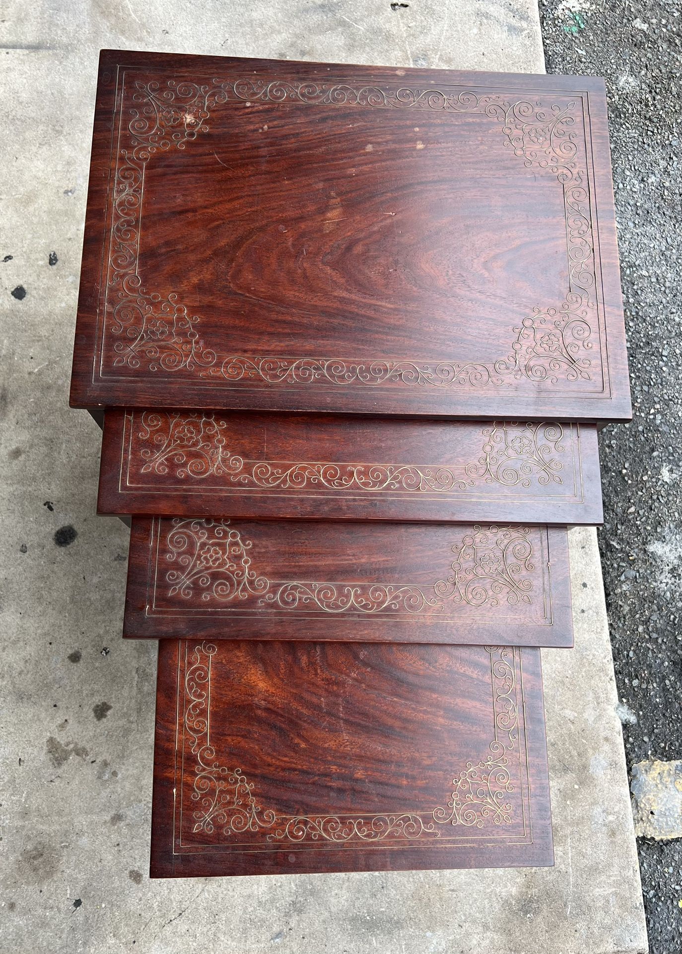 Rosewood Indian Carved Antique Style Brass Inlaid Legs Nest Of 4 Tables