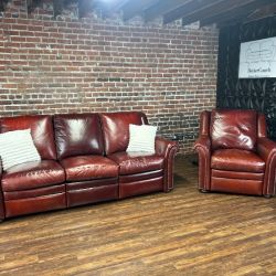 Free Delivery-Burgundy recliner leather sofa/couch + chair
