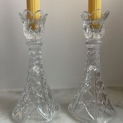 Vintage Pair of Deplomo Lead Crystal Candlestick Holders Glass Tulip Shaped Top 8" Tall
