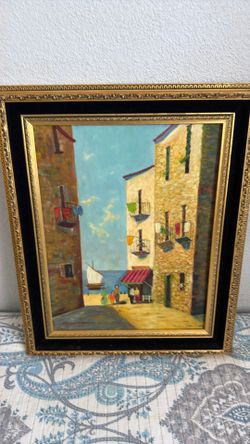 Framed Oil Painting Mediterranean Street Scene