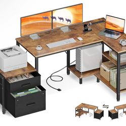 55 Inch L-Shaped Desk with File Cabinet & Power Outlets – Brown