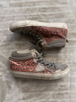 PHILIPPE MODEL PARIS Coral Shimmer Silver Leather Printed Hi Top Sneakers Sz 38