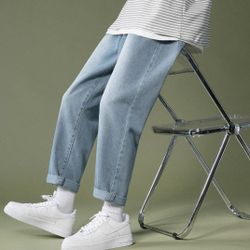 Light blue denim men's summer lightweight American-style wide-leg straight pants, trendy brand, mid-length pants, loose and casual long pants