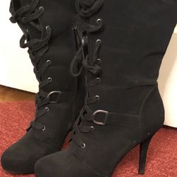 Knee High Fur Boots Lace Up And Zipper 