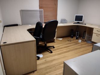 Good Condition Office Furniture, Round Tables, Office Chairs, Desk Top Computers Etc. 