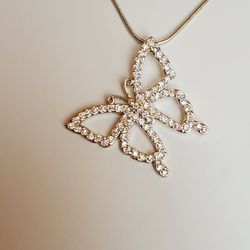 Silver Rhinestone Butterfly Pendant Necklace