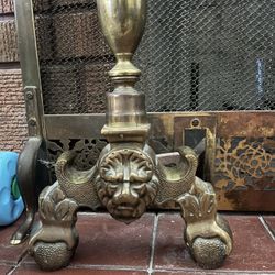 Vintage Lion’s head Andirons With Fireplace Cover