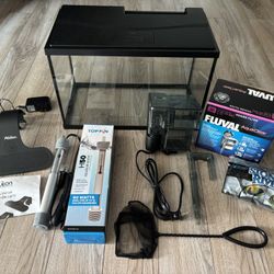 5.5 Gallon Fish Tank w/ Fluval Aqua clear Filter, 50 Watt Aquarium Heater, Aqueon Clip-On Light, Sand & Fish Net 