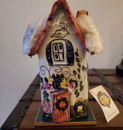 Authentic ceramic art tealight cottage Clayworks collectable by Heather Goldminc 9 tall