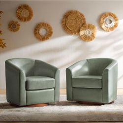 BRAND NEW Set of 2 Sage Genuine Leather Swivel Barrel Chairs - Never Used!