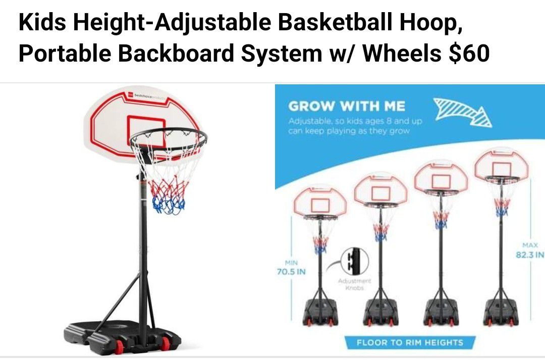 Kids Height-Adjustable Basketball Hoop, Portable Backboard System w/ Wheels

