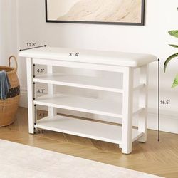 #E Shoe rack with leather cushion, 3-level shoe organizer for entrance, hallway or living room, rustic wooden seat bench, beige color, 11.8 inches dee