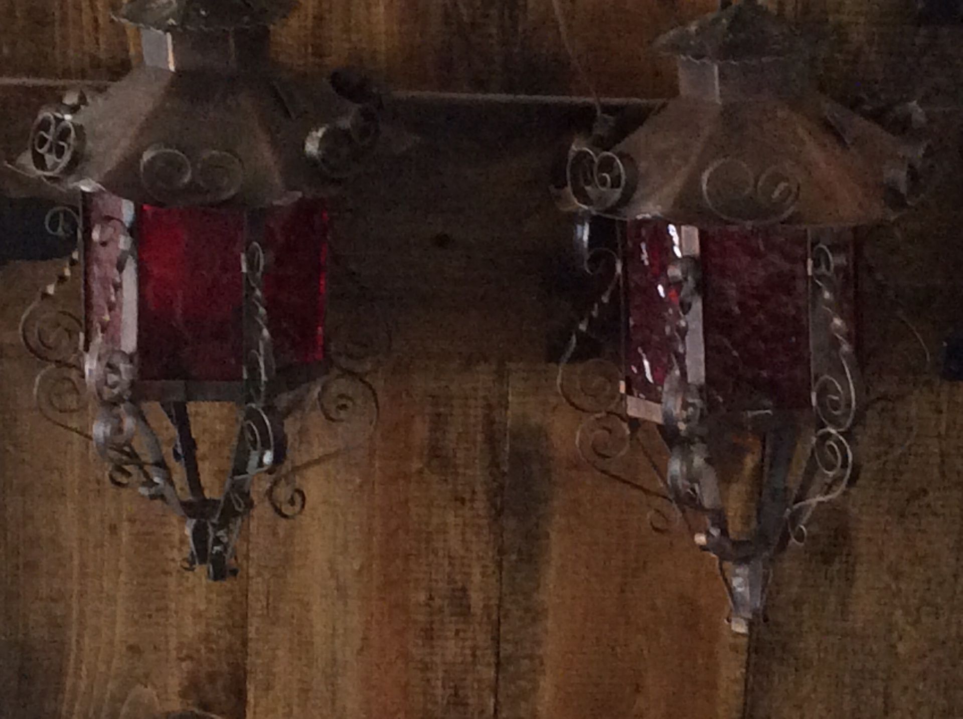Set of vintage metal mission style lantern light hanging red glass