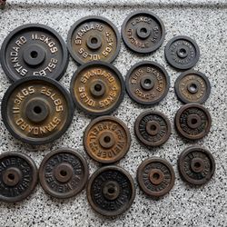 140lbs Set of standard 1” weights and barbell