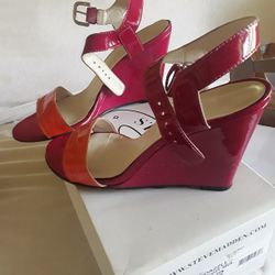 Beautiful Pink And Orange Patent Leather Ankle Strap 4-in Heel Size Seven And A Half