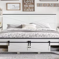 NEW Farmhouse Storage King Bed Frame W/ Headboard & Sliding Door Storage Cabinets Footboard !