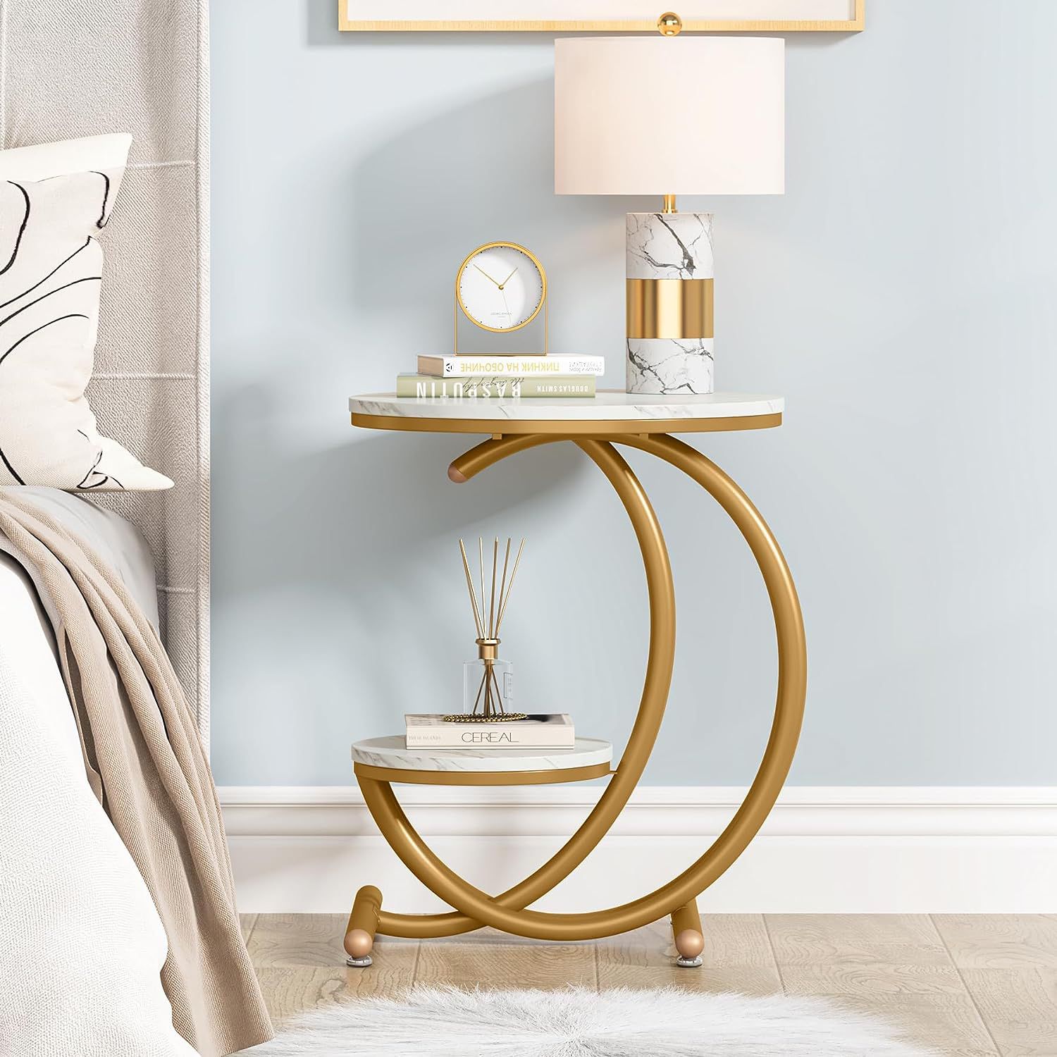 2-Tier End Table, Small Accent Side Table with C-Shaped Frame