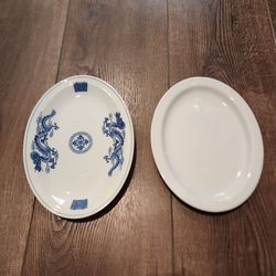 2 Oval Plates - traditional Chinese blue and white dragon porcelain plate & white oval ceramic serving platter with a slightly raised rim, good condit