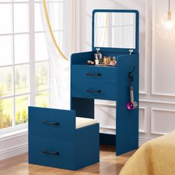 3 in 1 Vanity Desk with Flip Top Mirror,Glass Desktop,3 Drawers, blue  Small Compact Vanity with Cushioned Stool,Makeup Vanity Set with Side Hooks,Dre