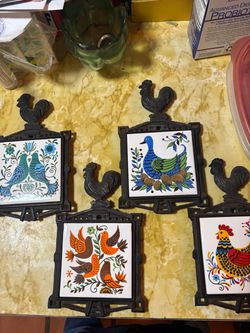 Cast iron rooster with tiles. 4 pcs