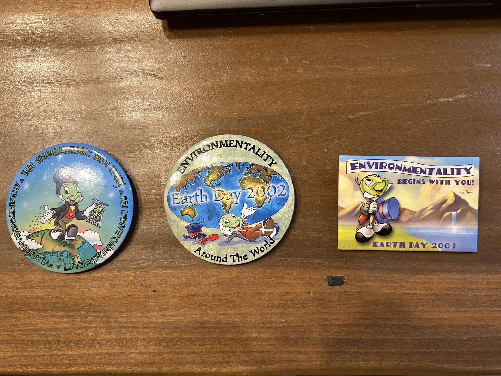 3 Disney Jiminy Cricket Earth Day Environmentality Button Pins