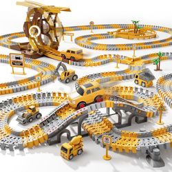iHaHa 299 PCS Construction Race Tracks Boys Toys, 6 PCS Engineering Cars and Flexible Race Track Playset Create A Engineering Road Gifts Toys 