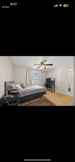 Queen Size Mattress, bed frame, boxspring, rug, desk, desk chair, tv, hamper, dresser, nightstand, lamp