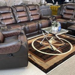 New Phoenix Brown Three-piece Reclining Sofa Loveseat And Recliner With Free Delivery