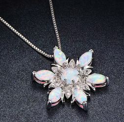 925 Sterling Silver White Fire Opal Snowflake Pendant Necklace