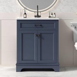  28" Bathroom Vanity with Ceramic Sink, Soft Close Doors,Blue Freestanding vanity with adjustable shelf, MDF and solid wood construction, integrated c
