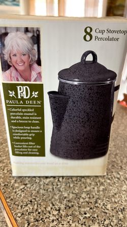 Paula Deen 8-Cup Stovetop Percolator in black speckled porcelain enamel.