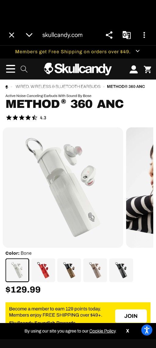 Skullcandy Method 360 ANC True Wireless Earbuds New Bone Color - Like New!